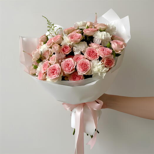 White Carnation   Pink Spray Rose Bouquet