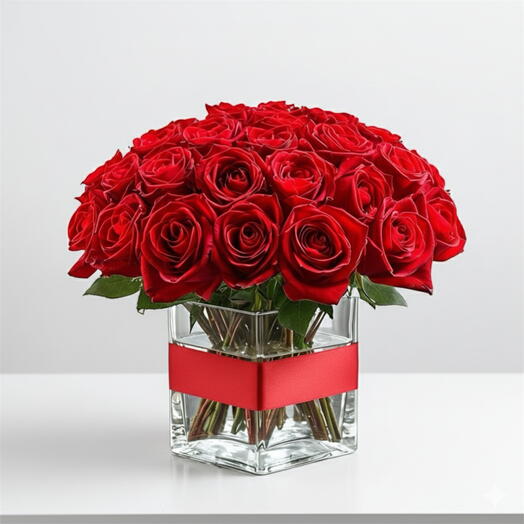 35 красных роз в вазе
