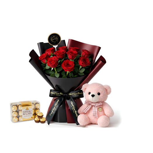 Luxury Trio Red Rose Bouquet, Teddy and Ferrero Rocher