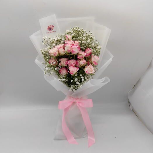 Pink Double Colour Baby Roses Small Bouquet HPF207