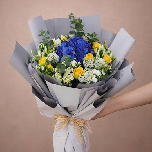 NEUTRAL LOVE Floral Arrangement: Blue Hydrangea, Yellow Rose, White Plox, Soledaster, Lishanthus, Tanacetum