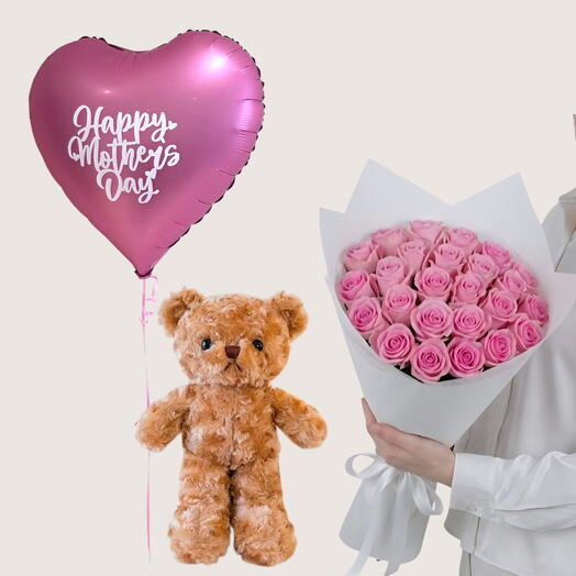 Regalo para el Día de la Madre: Ramo de 25 rosas rosadas y osito de peluche | Entrega de regalos para el Día de la Madre en Abu Dabi