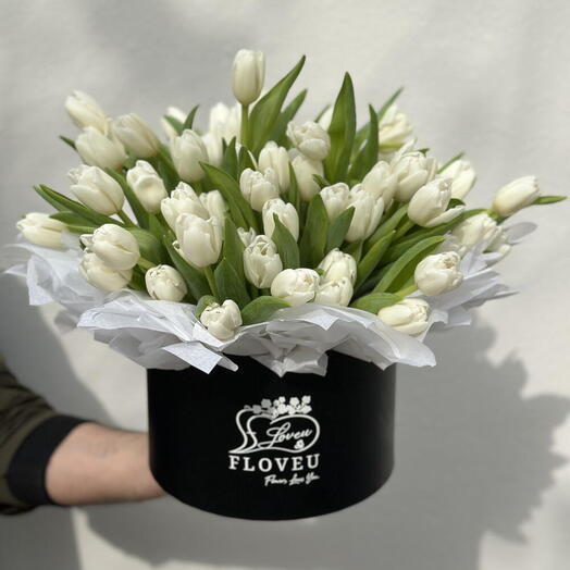 70 White tulips in a box
