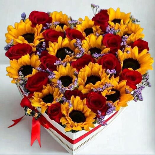 Sunlit Romance – 14 Sunflowers   15 Red Roses in Heart-Shaped Box