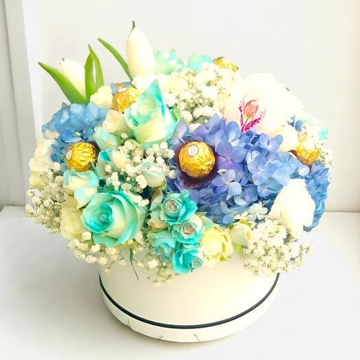 Luxury Blue   White Flower Box with Chocolates – Hydrangeas, Roses, Tulips   Orchid in Large Gift Arrangement