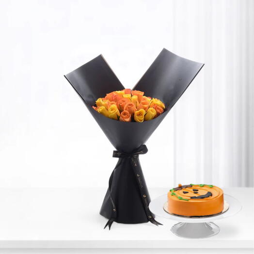 Midnight Ember Bouquet With Happy Jack Chocolate Cake