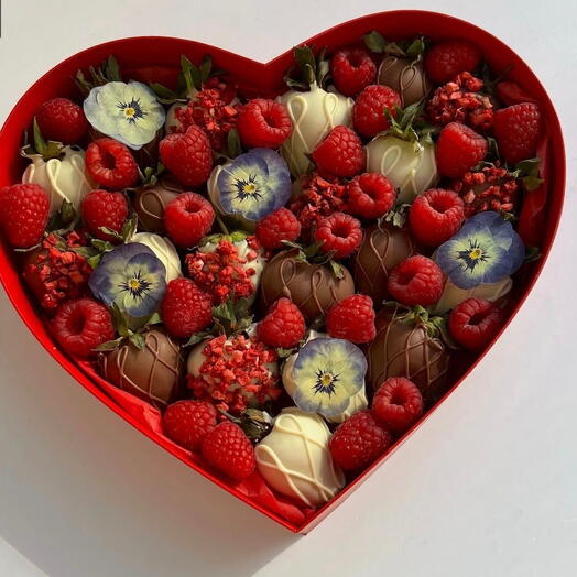 Heart-Shaped Chocolate Covered Strawberries   Raspberries Gift Box | Luxury Berry Arrangement