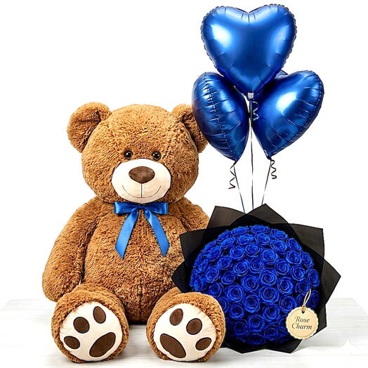 Огромный плюшевый мишка с 41 голубой розой   Шарики в форме сердца  Роскошный подарок на годовщину в Дубае