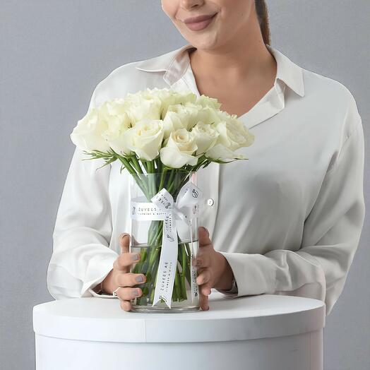 31 White Roses in Glass Vase