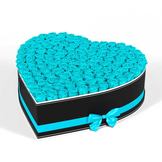 Возьми моё сердце -101 голубая роза в коробке-сердце