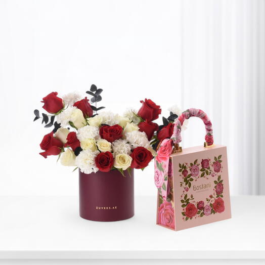 Оазис роз в фирменной коробке с большой коробкой шоколада Bostani