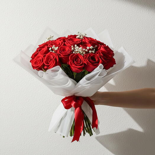 Timeless Romance: 25 Red Roses Bouquet | Elegant White Wrap Dubai