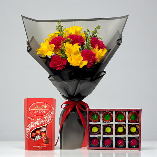 Set de regalo Diwali Lights Love – Flores, Lindt 12 diyas | Mismo día Dubái