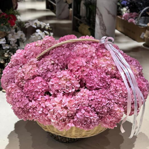Румяная мечта: корзина из 57 розовых гортензий