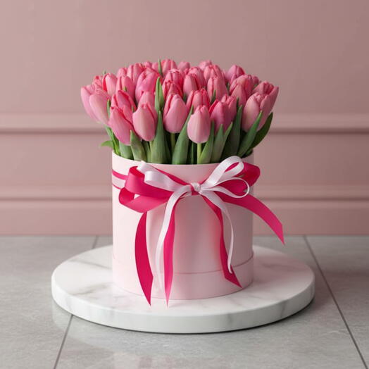 51 Pink Tulips in a Hat Box