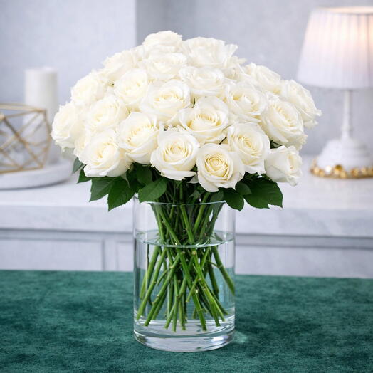 Elegant Pearl Bloom – 21 White Roses Vase