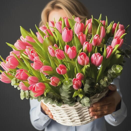 Корзина из 59 розовых тюльпанов