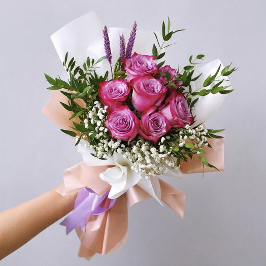 Blush Lavender Rose Bouquet Pink Roses with Purple Accent