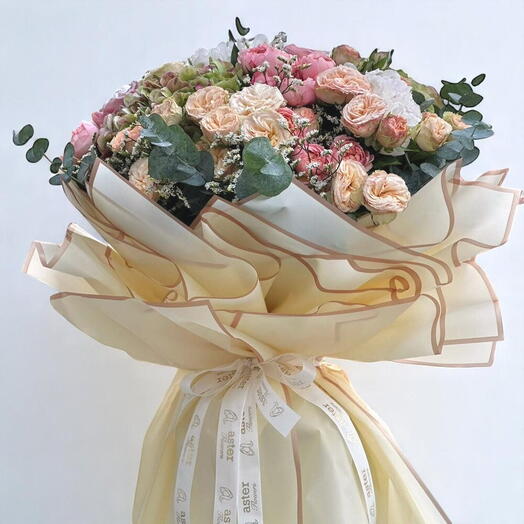 Elegant Cream and Pink Mix Bouquet: Hydrangea, Roses, Spray Roses, and Eucalyptus