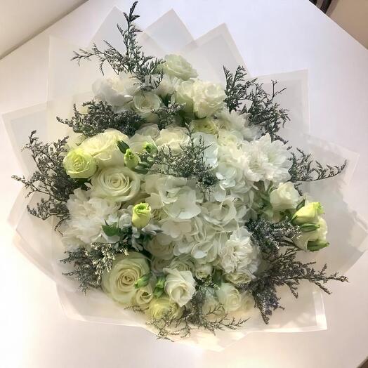 White Beauty Bouquet with Roses, Hydrangeas, Lisianthus   Limonium – Elegant All-White Floral Arrangement