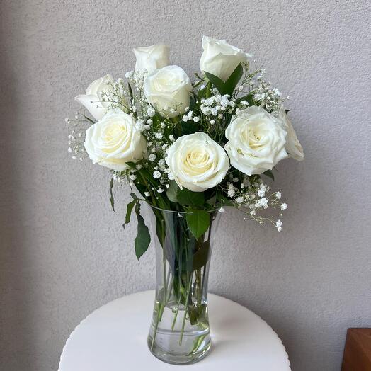 White Roses in Glass Vase
