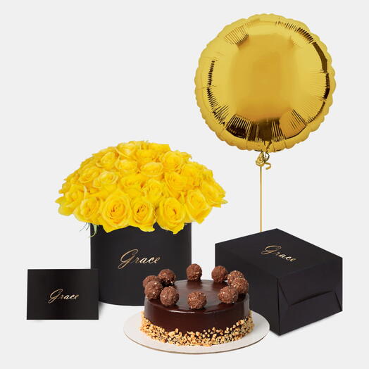 Yellow Roses in Box with Ferrero Cake Bundle