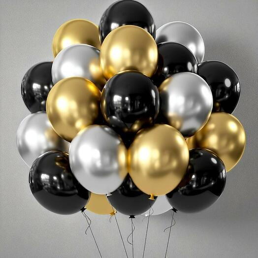 21 гелиевый шар чёрный,золотой   серебряный
