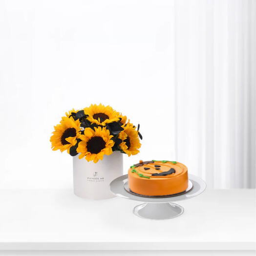 Golden Noir Bloom Boîte Blanche Avec Gâteau Au Chocolat Happy Jack