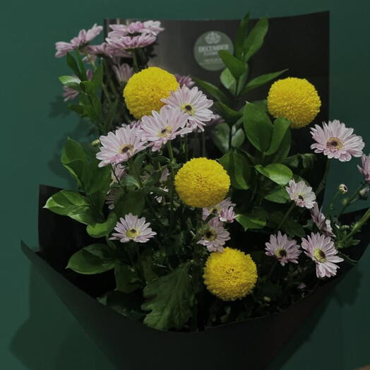 Elegante ramo _ crisantemos ping-pong _ruscos