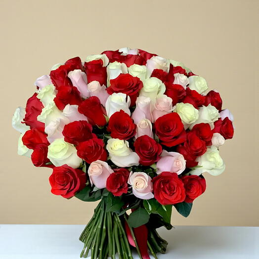 100 rosas rojas, blancas y rosadas