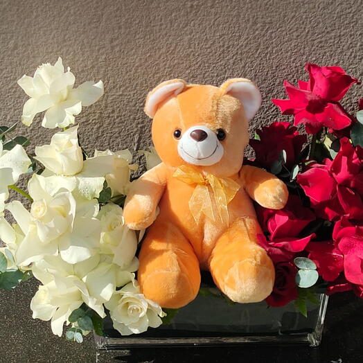 Roses in Vase with Small Brown Teddy