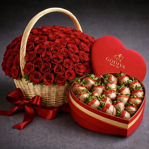 101 красная роза + коробка клубничного шоколада Godiva в форме сердца | Премиальный романтический подарок