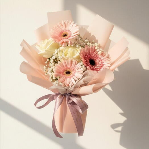 Pink Petal Bliss – Gerbera   White Rose Bouquet