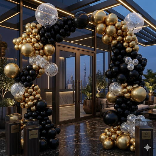 Black Gold Grand Balloon Arch 370pcs, Full Installation Included, Luxury Event Setup