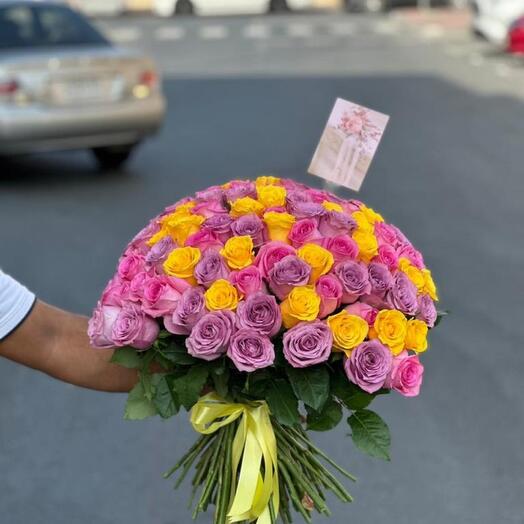 Букет из 101 розы (желтые, розовые и фиолетовые)-628