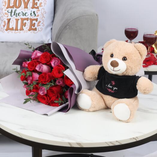 Queen of Heart Bouquet and I Love You Teddy