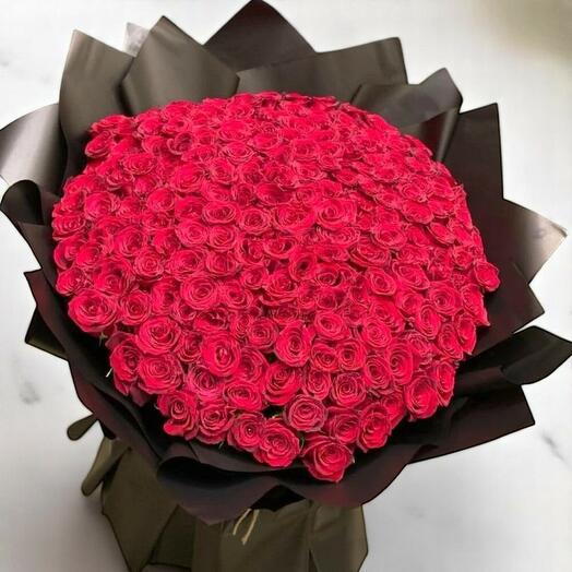 100 Red Jouri Roses – Elegant Bouquet with Black Wrapping