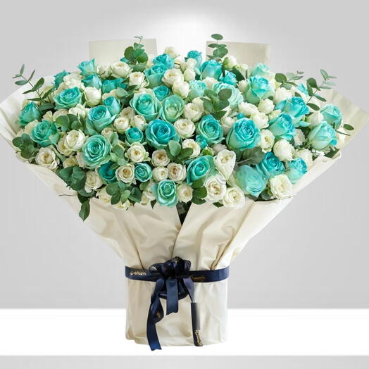 Parisian Designer Premium Blue White Roses Bouquet