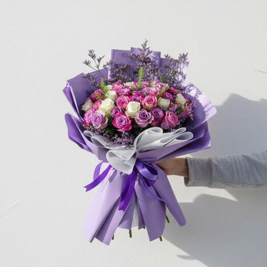 Joyful Spectrum Bouquet — 31 Multi‑Color Roses in Purple   White Wrap | Vibrant Gift of Positivity, Love   Celebration