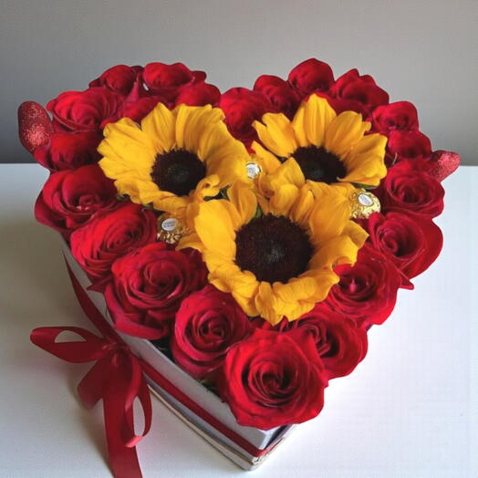 Heart Box 21 Red Roses Sunflowers Ferrero Rocher | Dubai Love Gift