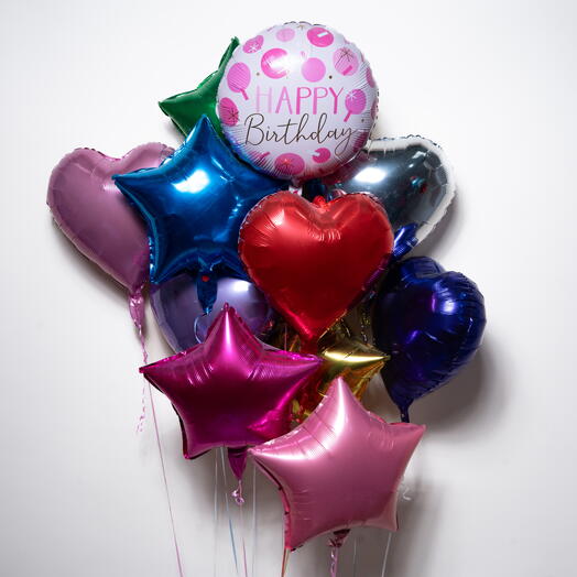 Набор разноцветных фольгированных воздушных шаров «С днем рождения» в форме сердца и звезды, артикул 7505.