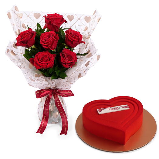 Букет из 6 роз любви с шоколадным тортом в форме сердца