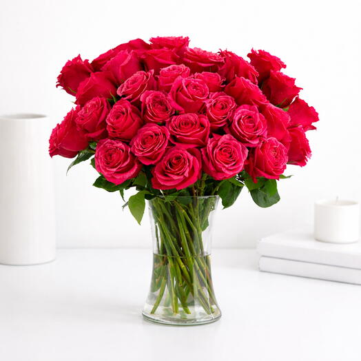 Ruby Pink Roses in Glass Vase