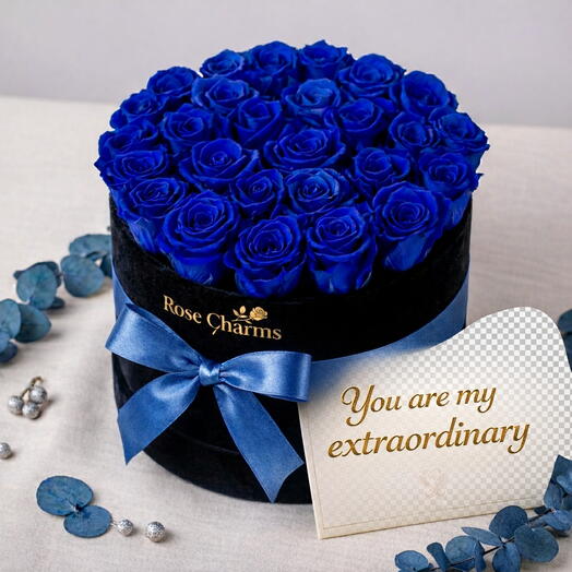 Midnight Luxe 21 Dark Blue Roses in Black Box Luxury Flower Gift JLT Dubai