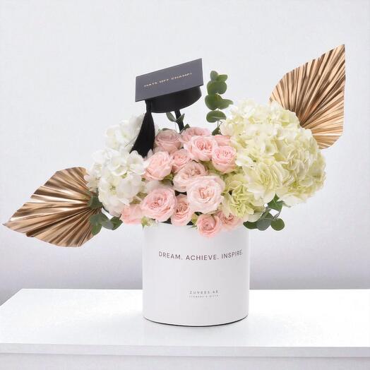 Golden Hour Graduation Flower Box Elegant White   Gold Flower Arrangement with Graduation Cap – Dream. Achieve. Inspire