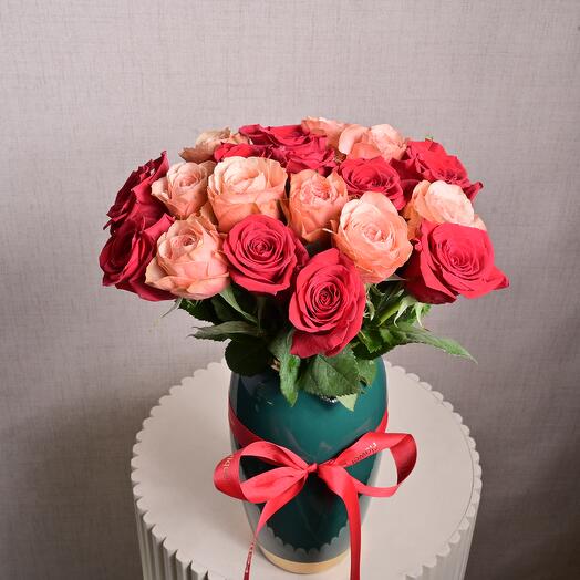Mixed Roses In Royal Teal Vase  6975