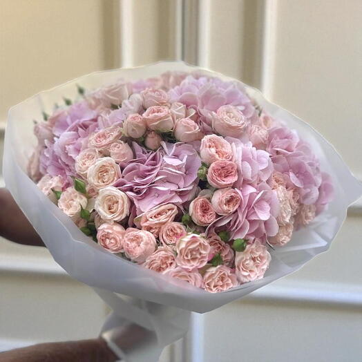 Babby roses   pink hydrangia in a bqt