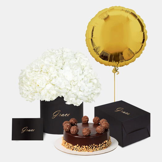 White Hydrangea in Box with Ferrero cake Bundle
