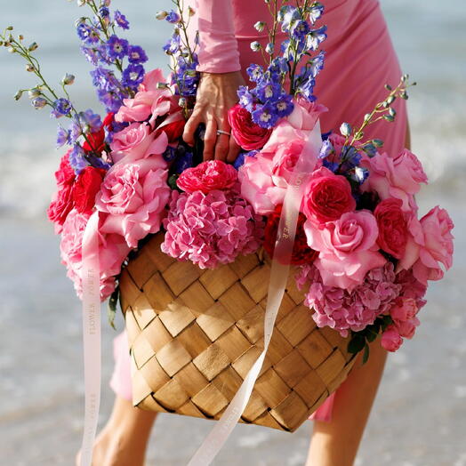 Magic of Bloom: Large Basket Assortment of Roses, Hydrangeas and Delphiniums