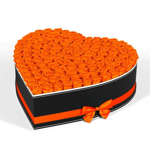 Возьми моё сердце - 101 оранжевая роза в коробке в форме сердца